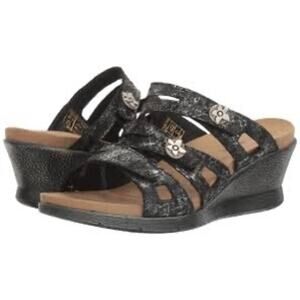 Romika 42 12 US Womens Black Snake Leather Open Toe Slide Strappy Wedge Sandals